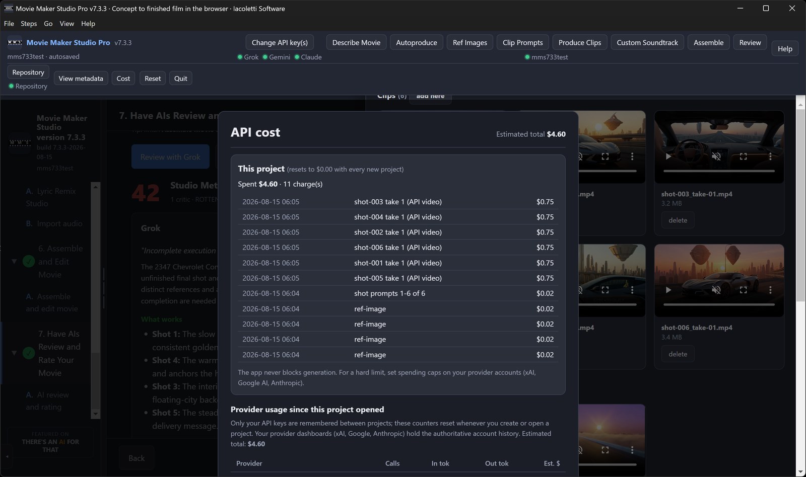 A running cost ledger, itemized by charge, that resets with every new project.