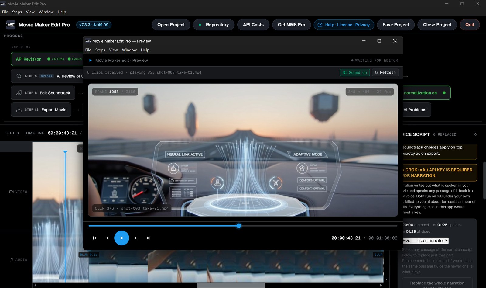 Preview the finished film before you commit to an encode, playing what the export will contain.