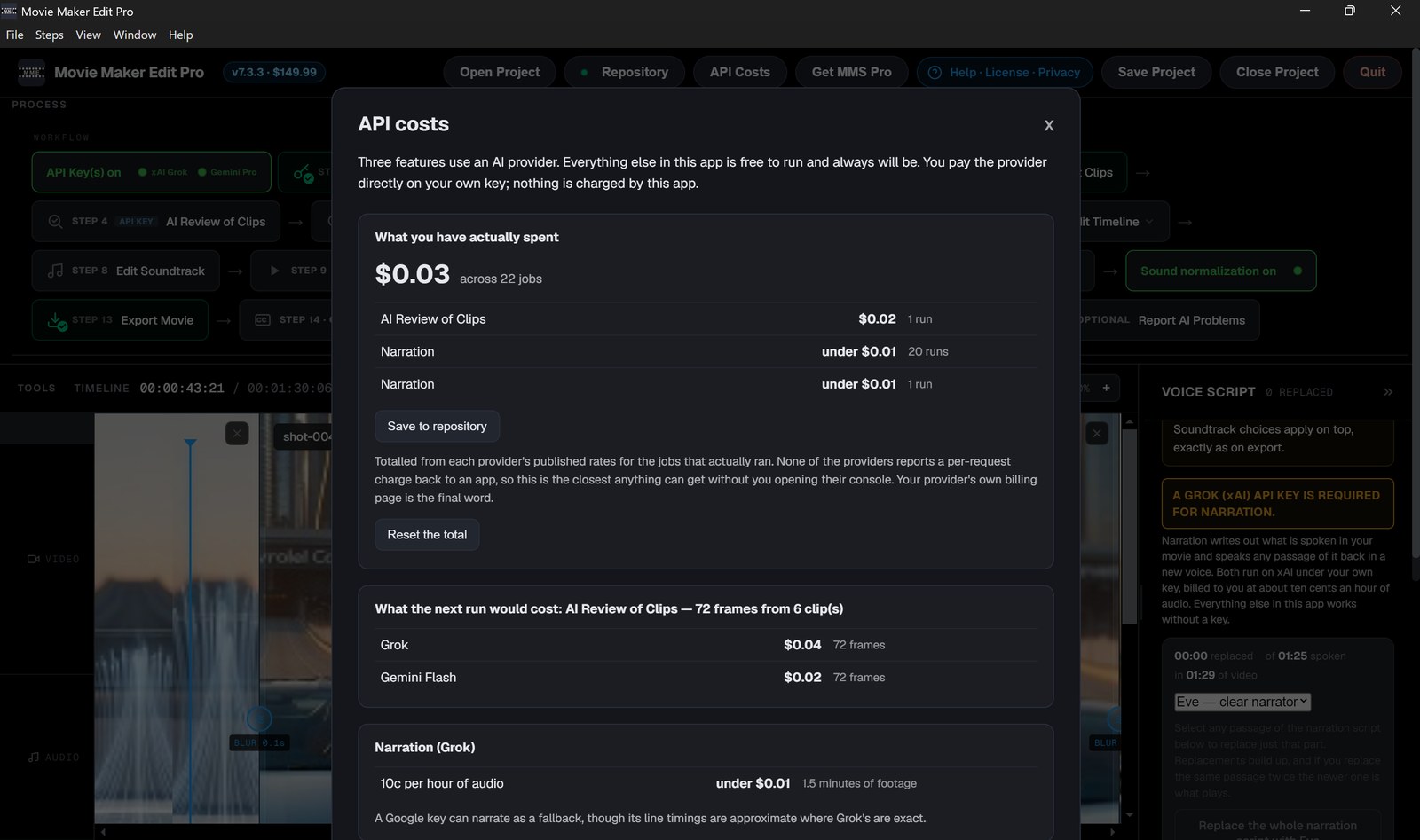 API Costs shows what you have actually spent, job by job. This project cost three cents.